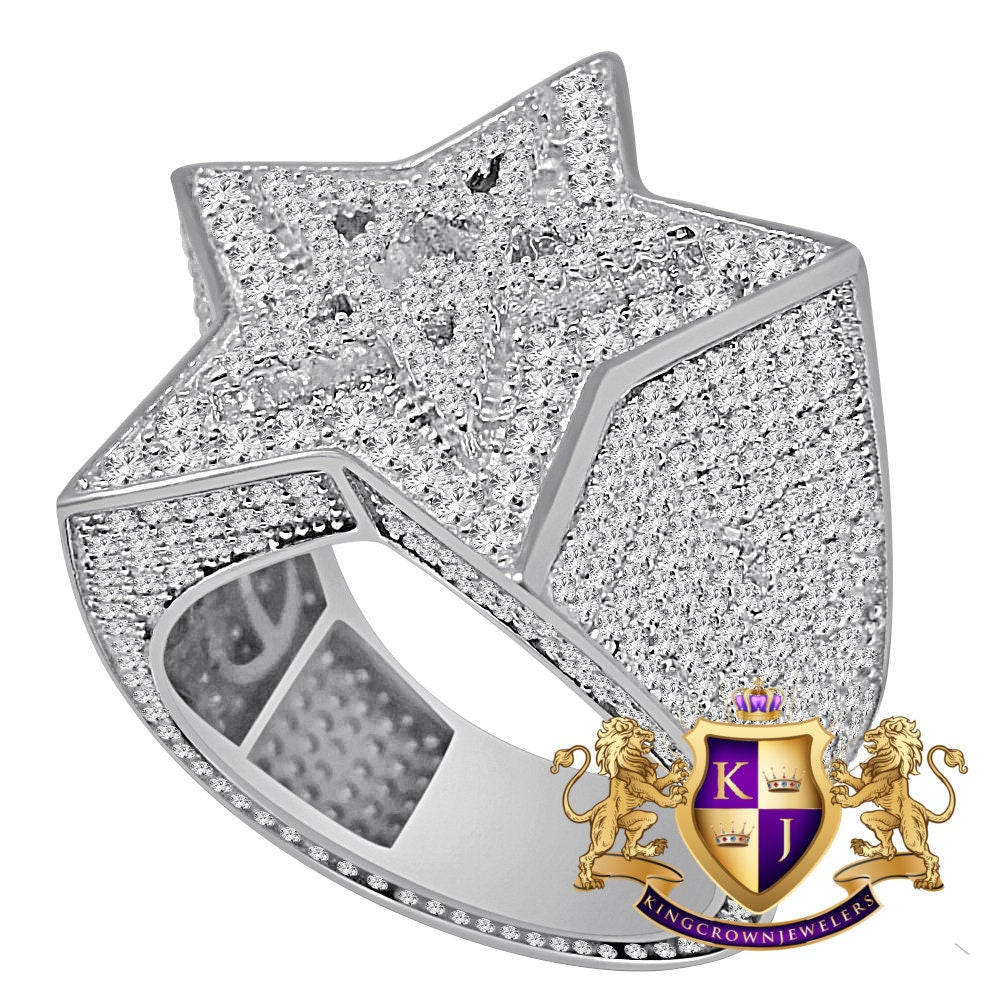 Big Bold Real White Gold Over Sterling Silver Simulated Diamond Star Shape Mens Ring Band