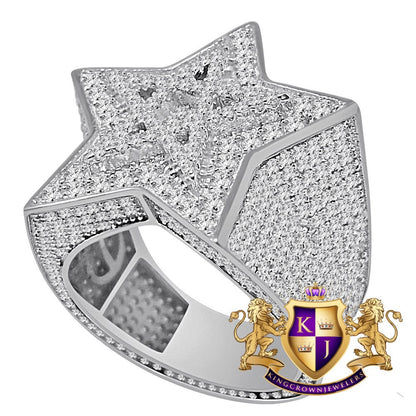 Big Bold Real White Gold Over Sterling Silver Simulated Diamond Star Shape Mens Ring Band