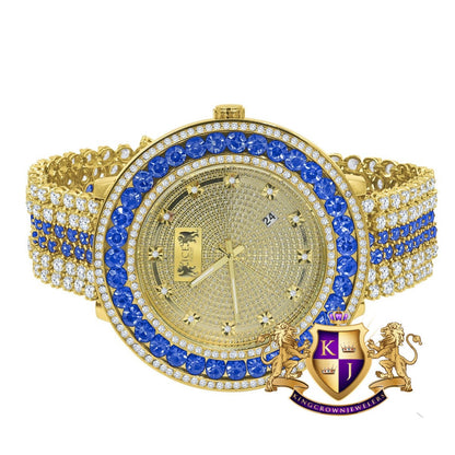 Blue Sapphire Real Genuine Diamond Mens Custom Watch 18K Yellow Gold Finish Adjustable Size Band W/Date Function