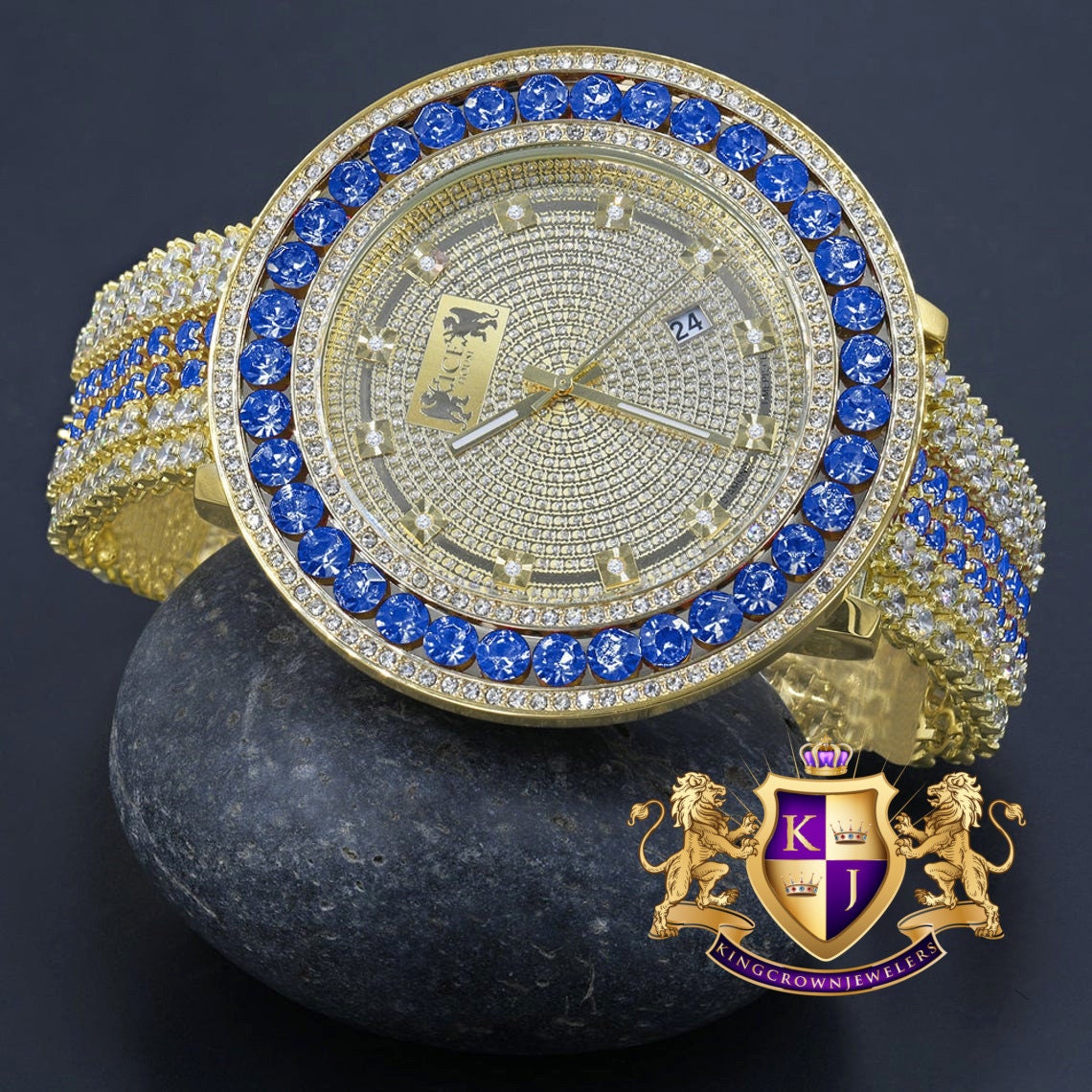 Blue Sapphire Real Genuine Diamond Mens Custom Watch 18K Yellow Gold Finish Adjustable Size Band W/Date Function