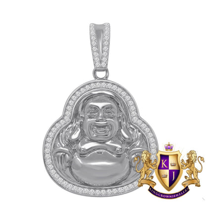Real Sterling Silver Simulated Diamond White Gold Finish Religious Lucky Buddha Mini Charm Pendant 1.5''