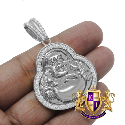 Real Sterling Silver Simulated Diamond White Gold Finish Religious Lucky Buddha Mini Charm Pendant 1.5''