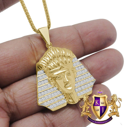10k Yellow Gold On Real Sterling Silver Simulated Diamond Egyptian Pharaoh Charm Pendant Chain Set