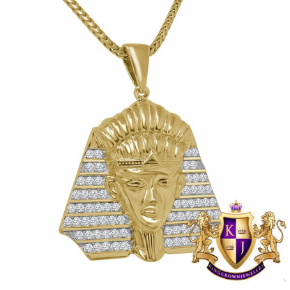 10k Yellow Gold On Real Sterling Silver Simulated Diamond Egyptian Pharaoh Charm Pendant Chain Set