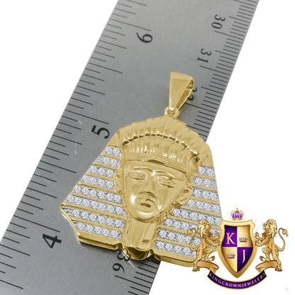 10k Yellow Gold On Real Sterling Silver Simulated Diamond Egyptian Pharaoh Charm Pendant Chain Set