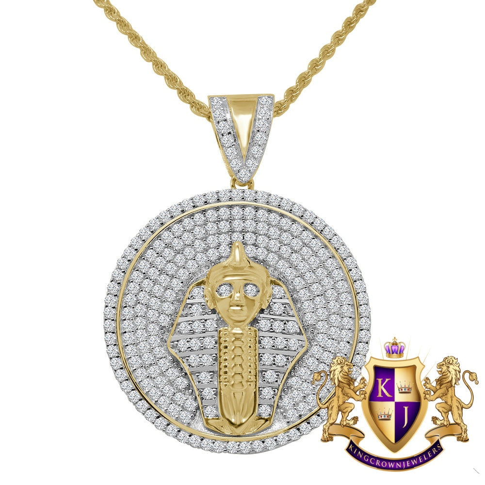 Real Sterling Silver 1.00 Cwt. Simulated Diamond 14K Gold Over Egyptian Pharaoh King Tut Mummy Medallion Pendant Charm Chain Necklace Set