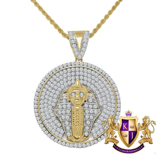 Real Sterling Silver 1.00 Cwt. Simulated Diamond 14K Gold Over Egyptian Pharaoh King Tut Mummy Medallion Pendant Charm Chain Necklace Set