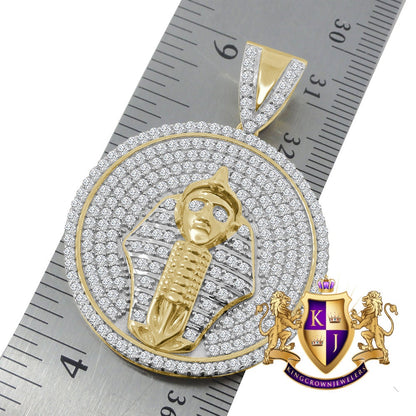 Real Sterling Silver 1.00 Cwt. Simulated Diamond 14K Gold Over Egyptian Pharaoh King Tut Mummy Medallion Pendant Charm Chain Necklace Set
