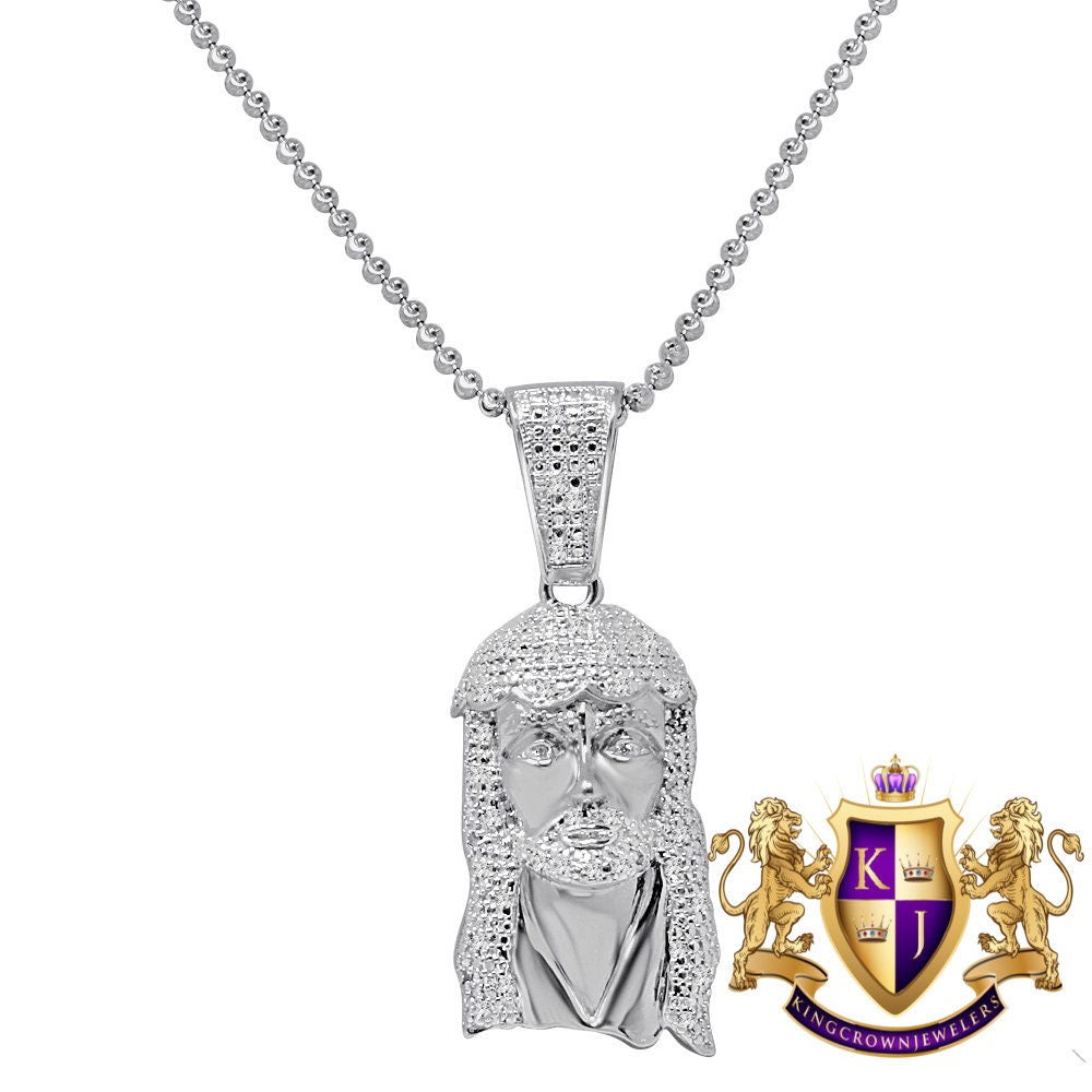 Mens Ladies Real Genuine Diamond 10K White Gold Finish Exquisite Mini Jesus Pendant Charm With Chain