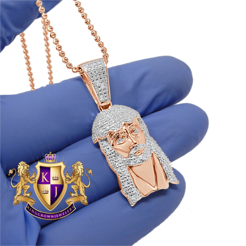 Mens Ladies Real Genuine Diamond 10K Rose Gold Finish Exquisite Mini Jesus Pendant Charm With Chain