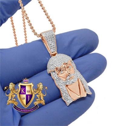 Mens Ladies Real Genuine Diamond 10K Rose Gold Finish Exquisite Mini Jesus Pendant Charm With Chain