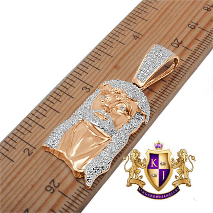 Mens Ladies Real Genuine Diamond 10K Rose Gold Finish Exquisite Mini Jesus Pendant Charm With Chain