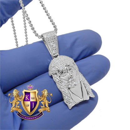 Mens Ladies Real Genuine Diamond 10K White Gold Finish Exquisite Mini Jesus Pendant Charm With Chain