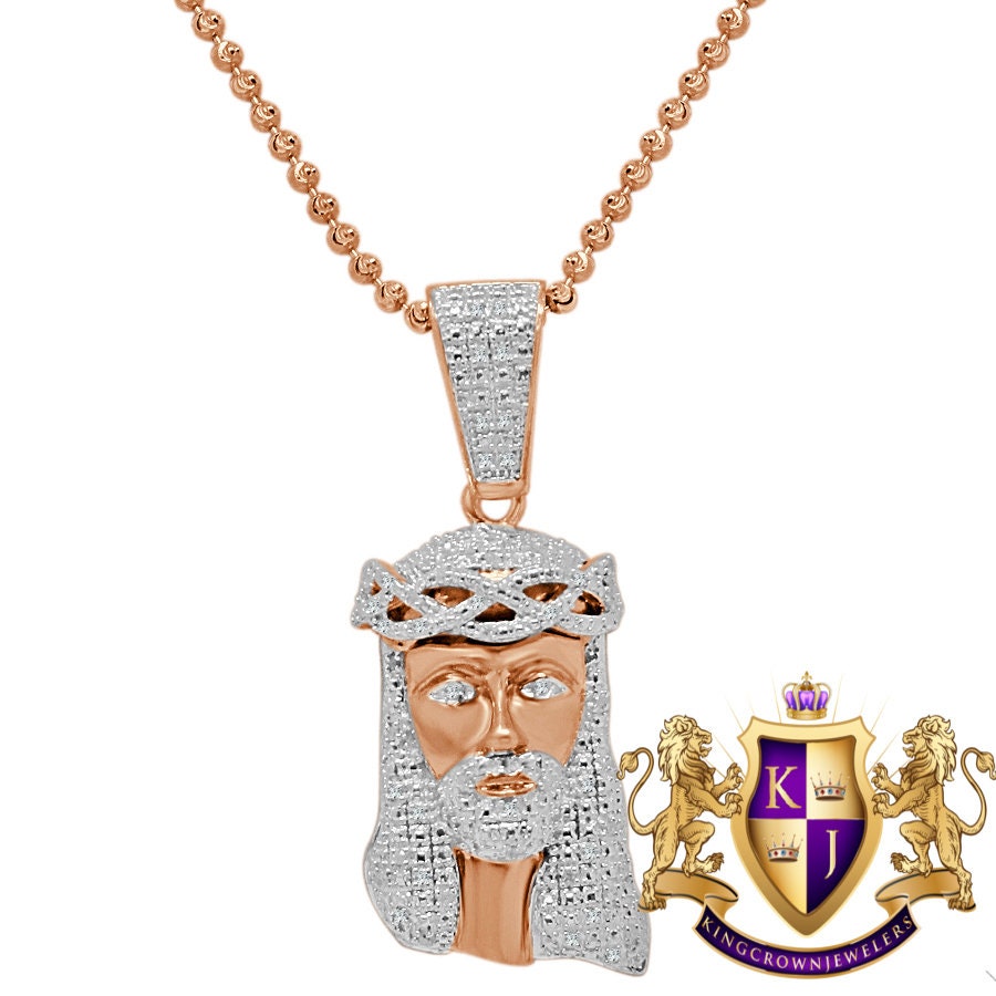 Mens Real Genuine Diamond Jesus Head Mini Pendant Charm Chain Set 10K Rose Gold Finish
