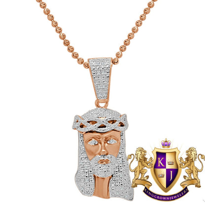 Mens Real Genuine Diamond Jesus Head Mini Pendant Charm Chain Set 10K Rose Gold Finish