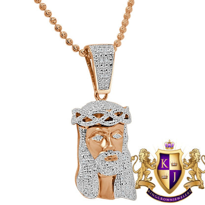 Mens Real Genuine Diamond Jesus Head Mini Pendant Charm Chain Set 10K Rose Gold Finish