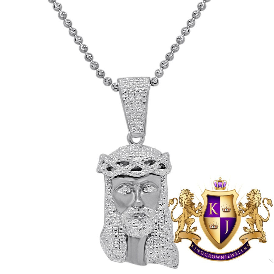 Mens Real Genuine Diamond Jesus Head Mini Pendant Charm Chain Set 10K White Gold Finish