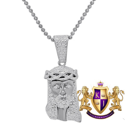 Mens Real Genuine Diamond Jesus Head Mini Pendant Charm Chain Set 10K White Gold Finish