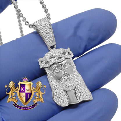 Mens Real Genuine Diamond Jesus Head Mini Pendant Charm Chain Set 10K White Gold Finish