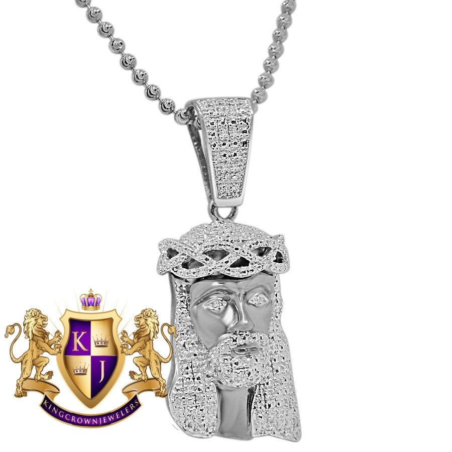 Mens Real Genuine Diamond Jesus Head Mini Pendant Charm Chain Set 10K White Gold Finish