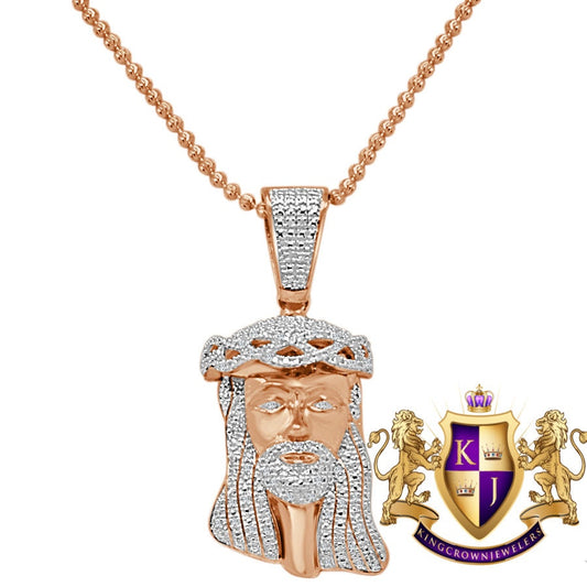 Unisex Real Genuine Diamonds Mini Jesus Face Piece 10K Rose Gold Finish Pendent Charm Set