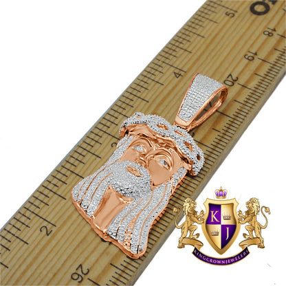 Unisex Real Genuine Diamonds Mini Jesus Face Piece 10K Rose Gold Finish Pendent Charm Set