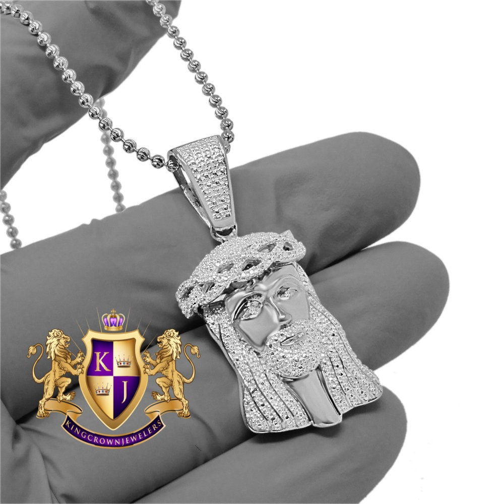 Unisex Real Genuine Diamonds Mini Jesus Face Piece 10K White Gold Finish Pendent Charm Set