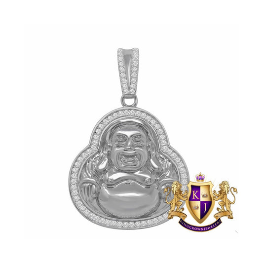 Real Sterling Silver Simulated Diamond White Gold Finish Religious Lucky Buddha Mini Charm Pendant 1.5''