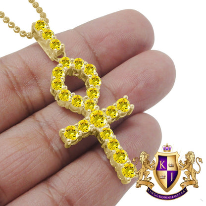 Canary Real Yellow Gold Sterling Silver Simulated Diamond Egyptian Ankh Cross Pendent Charm Chain Set