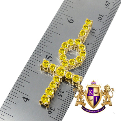 Canary Real Yellow Gold Sterling Silver Simulated Diamond Egyptian Ankh Cross Pendent Charm Chain Set