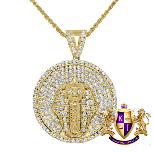 10K Yellow Gold Sterling Silver Simulated Diamond Pharaoh King Tut Medallion Mens Pendant Charm Necklace