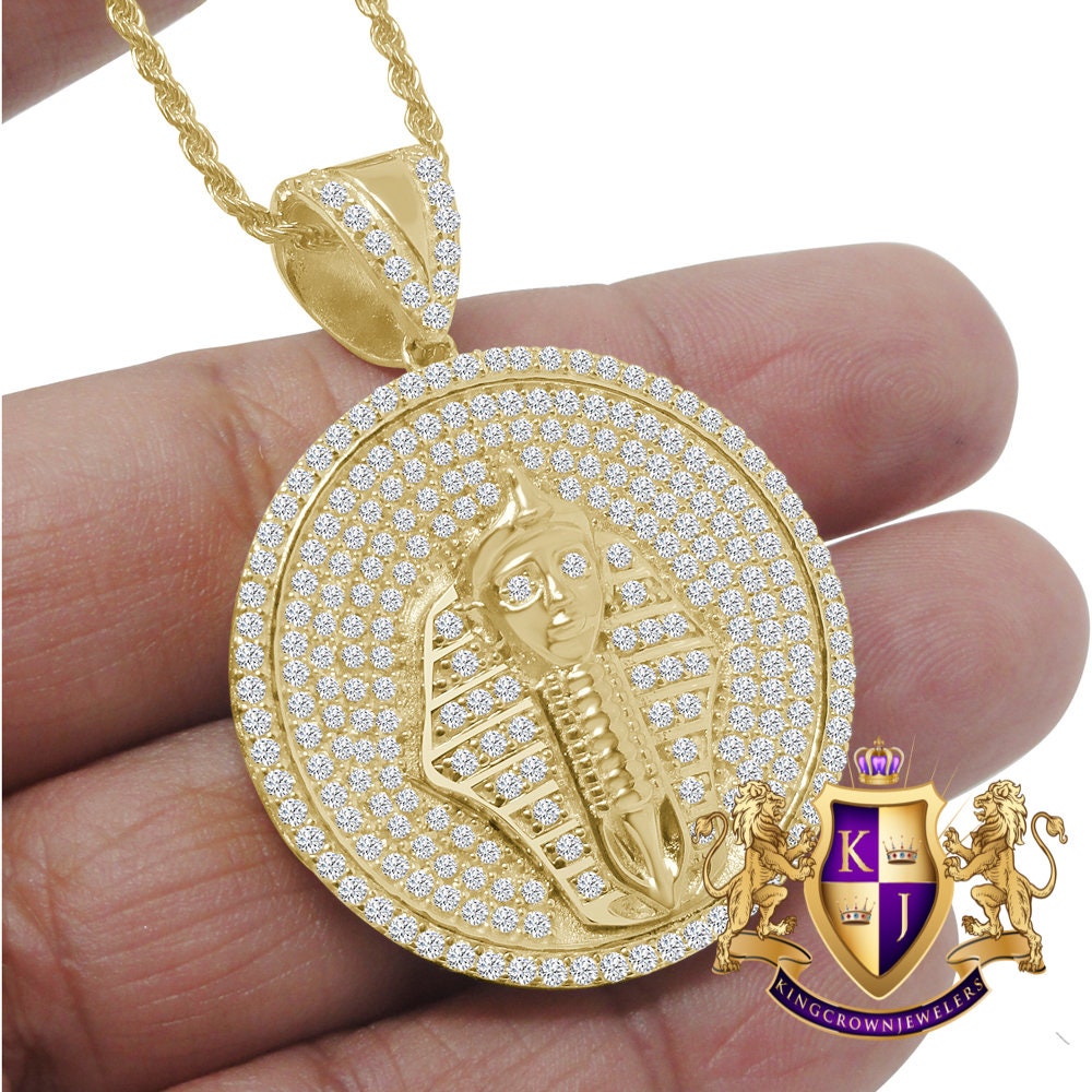 10K Yellow Gold Sterling Silver Simulated Diamond Pharaoh King Tut Medallion Mens Pendant Charm Necklace