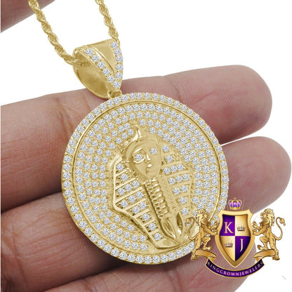 10K Yellow Gold Sterling Silver Simulated Diamond Pharaoh King Tut Medallion Mens Pendant Charm Necklace