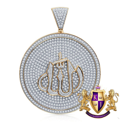 2.55'' Real 14K Gold On Genuine Sterling Silver Simulated Diamond Allah God Muslim Arabic Islamic Charm Pendant Round Medallion 33+ Grams