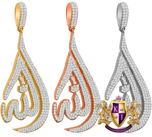 2.65' Real Genuine Italian Sterling Silver 2.00 Cwt. Simulated Diamond 14K Gold Over Allah God Muslim Islamic Arabic Charm Pendant 12+ Grams