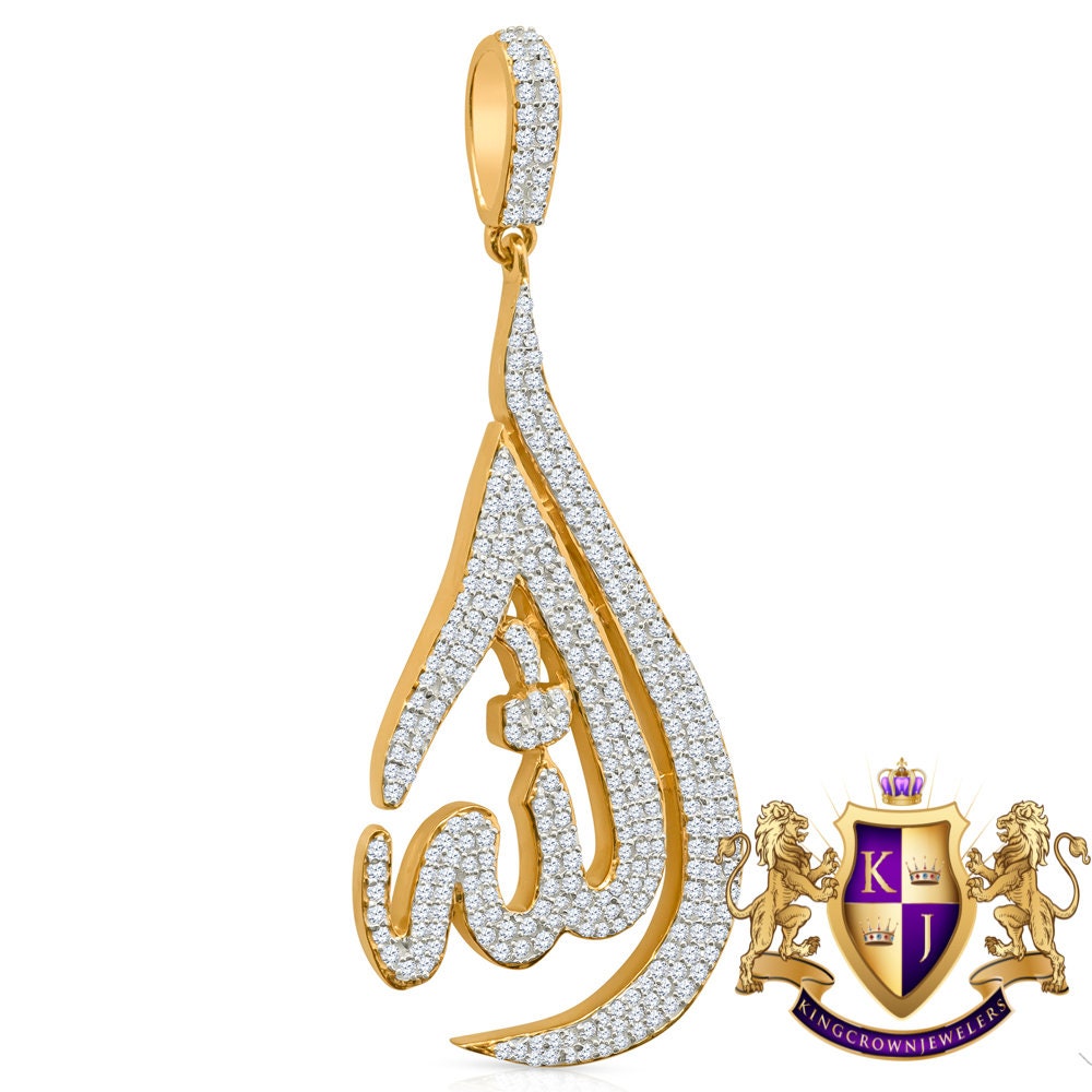2.65' Real Genuine Italian Sterling Silver 2.00 Cwt. Simulated Diamond 14K Gold Over Allah God Muslim Islamic Arabic Charm Pendant 12+ Grams