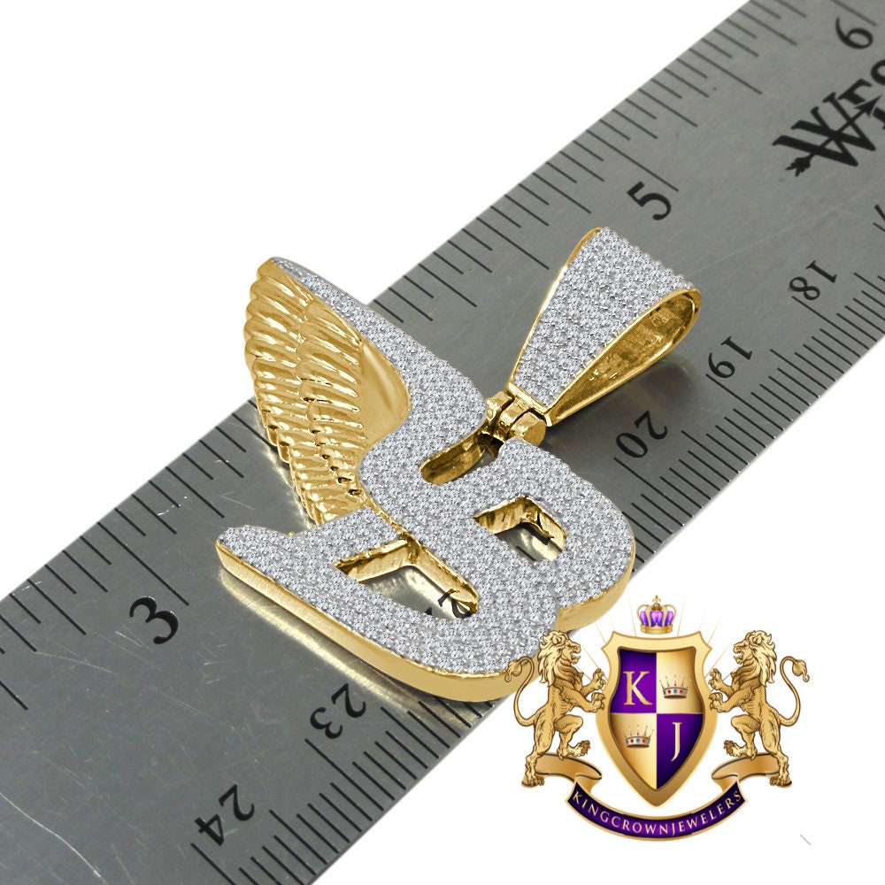 Real Genuine Yellow Gold Sterling Silver Simulated Diamond Flying B Symbol Logo Necklace Charm Pendant Set