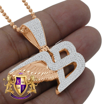 14K Rose Gold On Real Sterling Silver Simulated Diamond Flying B Symbol Logo Necklace Charm Pendant Set