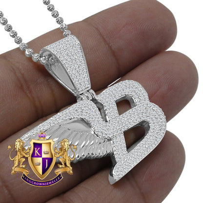 14K White Gold On Real Sterling Silver Simulated Diamond Flying B Symbol Logo Necklace Charm Pendant Set