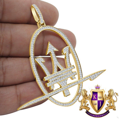 Big 2.5'' 14K Yellow Gold Over Real Sterling Silver Simulated Diamond Maserati Key Pendent Charm Custom Pendant
