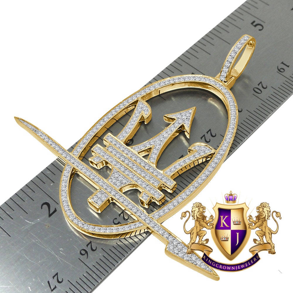 Big 2.5'' 14K Yellow Gold Over Real Sterling Silver Simulated Diamond Maserati Key Pendent Charm Custom Pendant