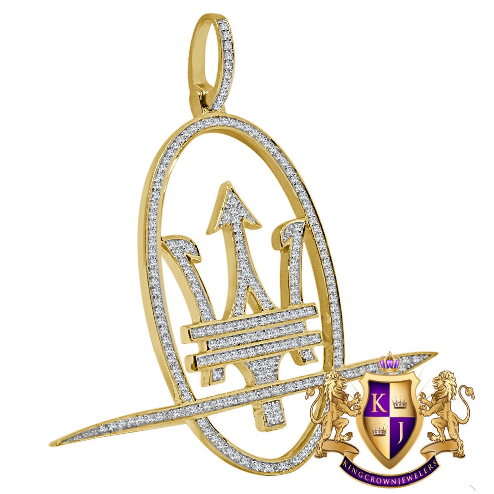 Big 2.5'' 14K Yellow Gold Over Real Sterling Silver Simulated Diamond Maserati Key Pendent Charm Custom Pendant