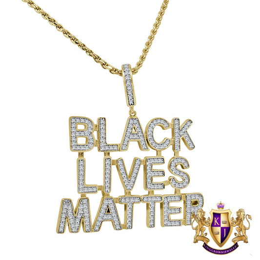 14K Yellow Gold On Real Sterling Silver Black Lives Matter Simulated Diamond Pendant Charm Chain Set