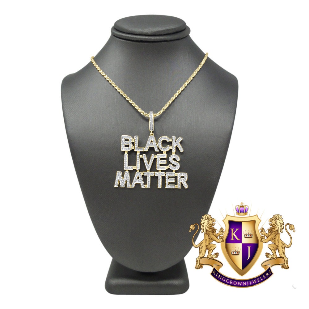 14K Yellow Gold On Real Sterling Silver Black Lives Matter Simulated Diamond Pendant Charm Chain Set