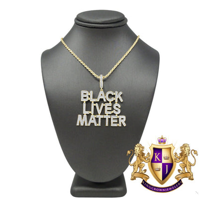 14K Yellow Gold On Real Sterling Silver Black Lives Matter Simulated Diamond Pendant Charm Chain Set
