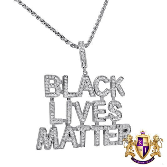 14K White Gold On Real Sterling Silver Black Lives Matter Simulated Diamond Pendant Charm Chain Set