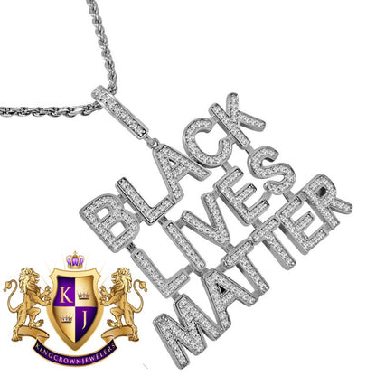 14K White Gold On Real Sterling Silver Black Lives Matter Simulated Diamond Pendant Charm Chain Set