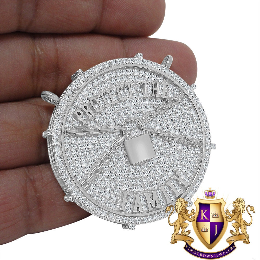 Exclusive Custom Piece 14K White Gold Over Real Sterling Silver Protect The Family 3D Pendant Medallion Charm 41 + Grams