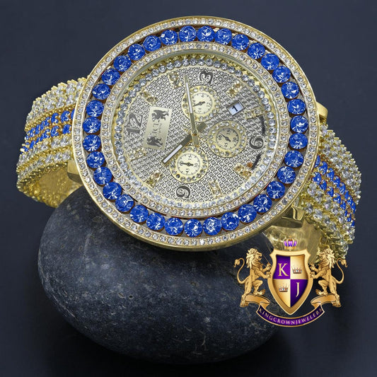 18K Yellow Gold Finish Real Diamond Face Iced Out Bezel & Band Blue Sapphire Mens Custom Watch W/Date Function