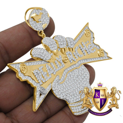 Big Bold 3'' Real Sterling Silver Yellow Gold Finish Simulated Diamond Really Riche Custom Charm Pendent